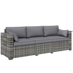 Outsunny 3 Seater Wicker Sofa with Side Trays, Outdoor Patio Couch with 6" Thick Back Cushions, Deep Seating, Mixed Gray
