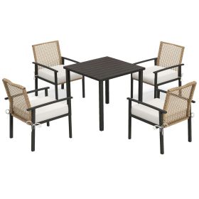 Outsunny 5PC Patio Dining Set Outdoor Wicker Table Chairs Cushions Umbrella Hole Beige
