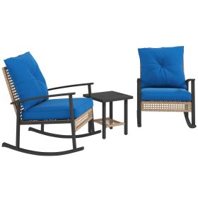 Outsunny 3 Pieces Bistro Set, Patio Wicker Furniture Set with Button Tufted Cushions, Rattan Rocking Chairs, Coffee Table, Blue