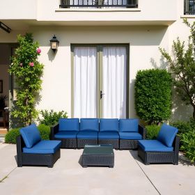 7-Piece Sofa Set Table With Sofa Chair Black PE Rattan Outdoor With Blue Cushion