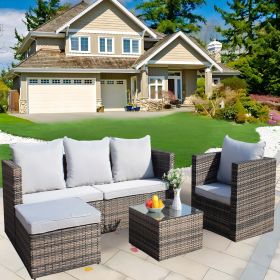 Outdoor Garden Patio Furniture 4-Piece PE Rattan Wicker Cushioned Sofa Sets and Coffee Table, patio furniture set;outdoor couch(shallow Grey Cush