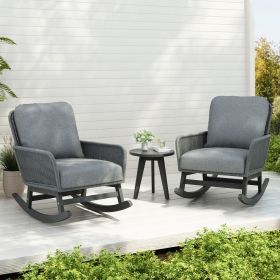 Modern 3-Piece Outdoor Seating Set with Gray Cushioned PE Rattan Rocking Chairs and Wooden Accent Table, Perfect for Patio or Balcony Relaxation