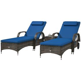 Patio Wicker Chaise Lounge Chair Set Of 2 With Table, Adjustable Backrest, Wheels, Cushion & Headrest, Blue (Color: Blue)